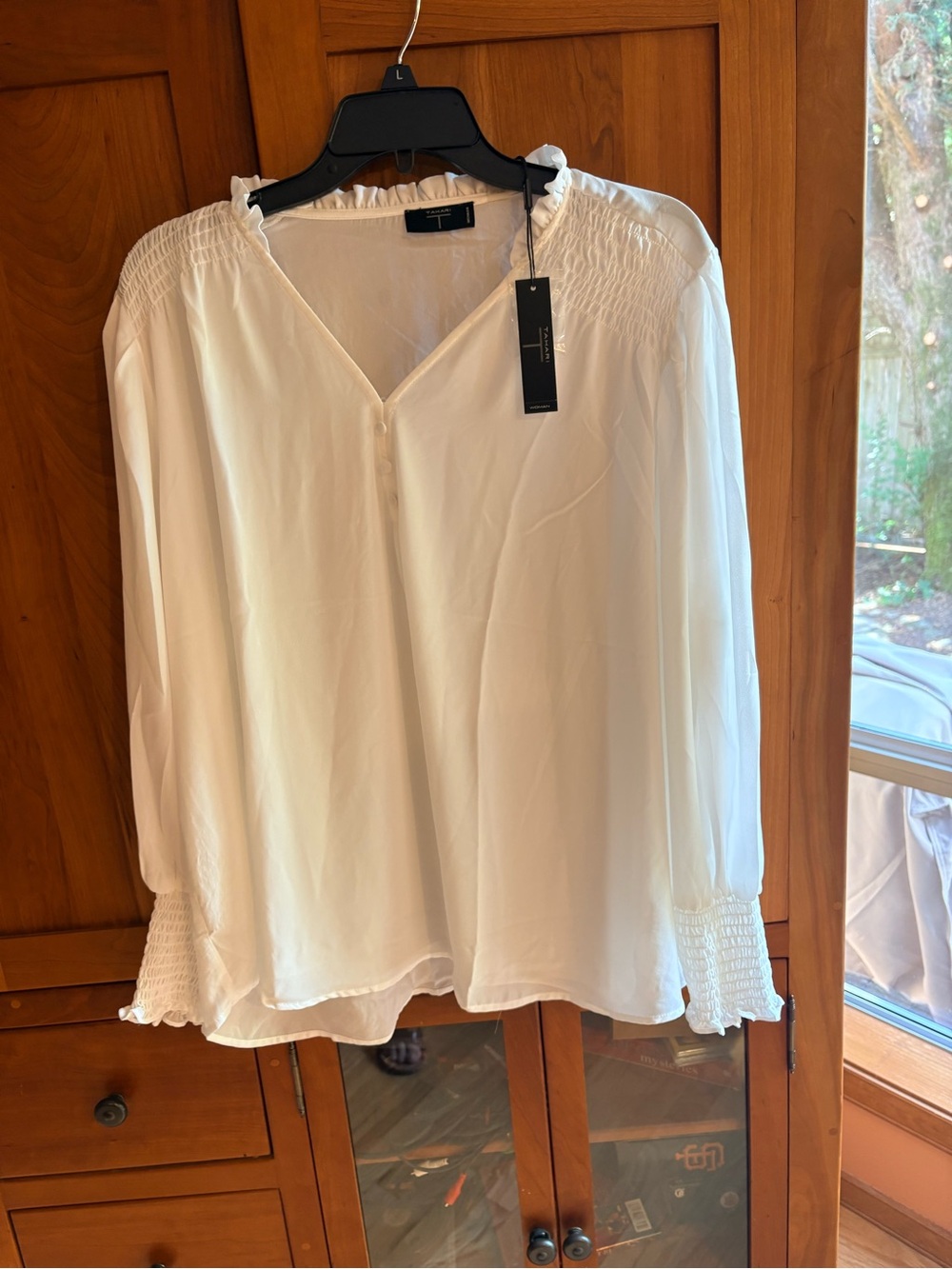 Tahari Cream Smocked-Shoulder Ruffle V-Neck Blouse.  NWT.